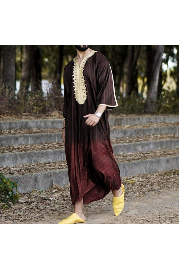 Men Stripe Jubba Kaftan Dishdash Thobe Saudi Arab Muslim Clothing Maxi Robe New Wine Red M