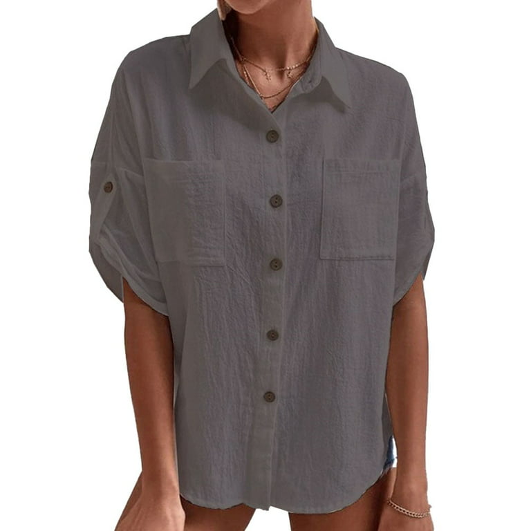 Marbhall Women Cotton Linen Short Sleeve Shirt Ladies OL Work Solid  Button-up Tops Blouse Gray 2XL
