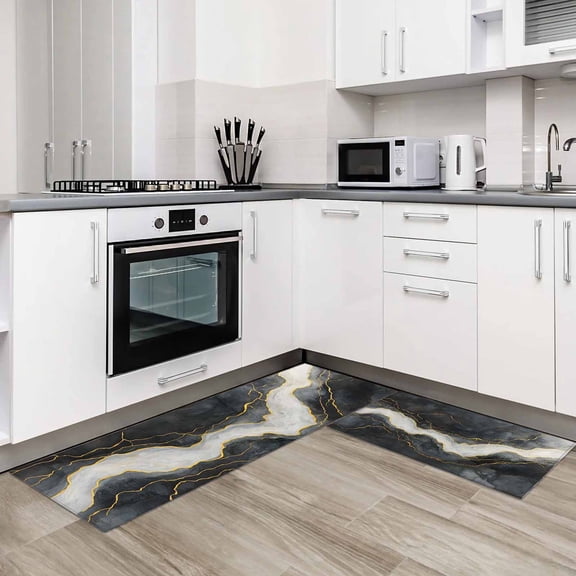 Marble 2 Pieces Non-Slip Kitchen Mat Set Black Grey Modern Luxury Gold Soft Door Mat with Rubber Backing,Dirtproof Rugs for Entrance Doorway 19.7x31.5in+19.7x47.2in