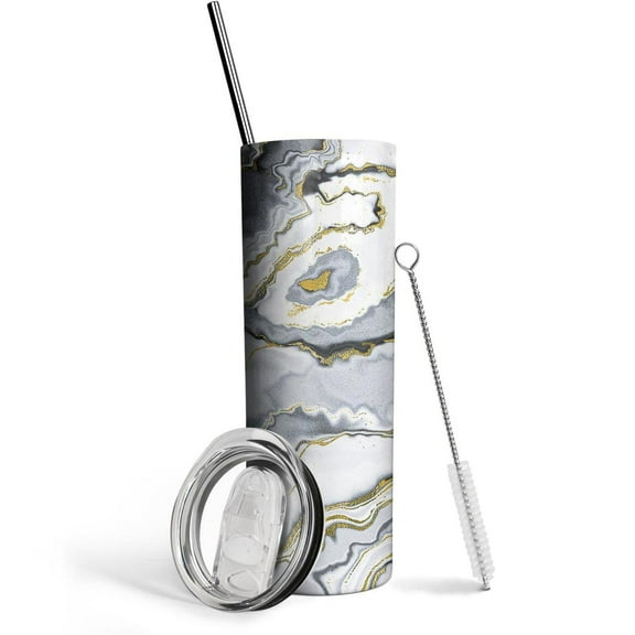 Marble 20 Oz Skinny Tumbler with Lid and Straw - Insulated Water Bottle- Insulated Travel Coffee Mug