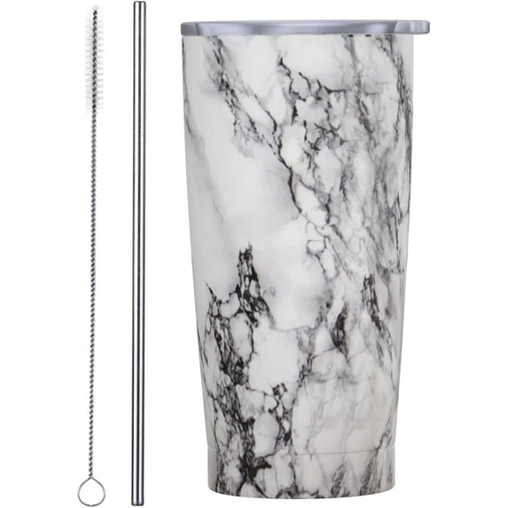Marble 20oz Insulated Stainless Steel Tumbler With Lids And Straws Stainless Steel Double Wall Vacuum Insulated Travel Coffee Mug Leak-Proof Lid & Flip Lid For Hot And Cold Drinks