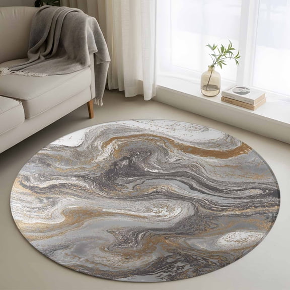 Marble 3FT Round Area Rugs for Living Room Abstract Fluid Art Grey Brown Marble Texture Modern Ultra-Thin Non-Slip Round Rugs Machine Washable Low Pile Circle Carpet for Bedroom Kitchen Nursery