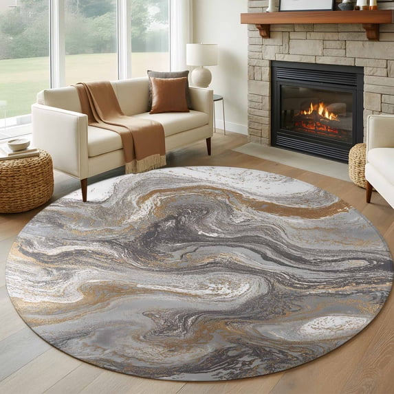 Marble 6FT Round Area Rugs for Living Room Abstract Fluid Art Grey Brown Marble Texture Modern Ultra-Thin Non-Slip Round Rugs Machine Washable Low Pile Circle Carpet for Bedroom Kitchen Nursery