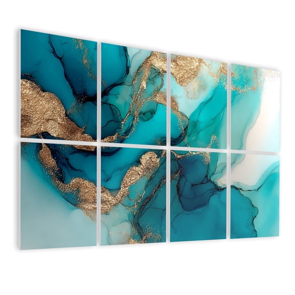 Marble 8 Pack Art Acoustic Panels Sound Absorbing Pastel cyan mint liquid marble watercolor gold lines brush Teal Decorative Soundproof Wall Panels Self Adhesive for Nursery Game Room Bedroom 48"x32"