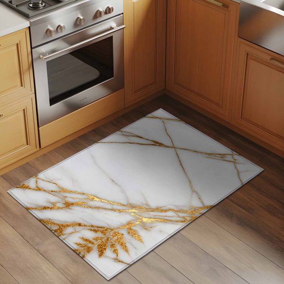 Marble Abstract 2x3 Rug for Entryway Front Door Kitchen Sink Area, Gold Line Leaf Modern Style Simple Low Pile Washable Non Slip Rectangle Area Rug