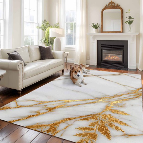 Marble Abstract 5x8 Rug for Bedroom Under Queen Bed Placement, Gold Line Leaf Modern Style Simple Washable Non Slip Large Rectangle Area Rug