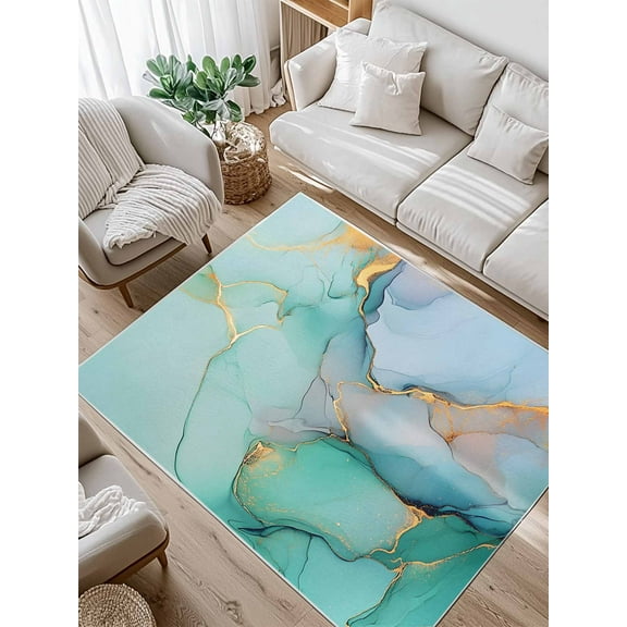 Marble Abstract Area Rug for Bedroom 2.7x5 Ft Modern Teal Green Gold Textured Stone Super Soft fuzzy Throw Rug Non-Slip Fluffy Plush Indoor Floor Carpet for Living Room Nursery Home Decor