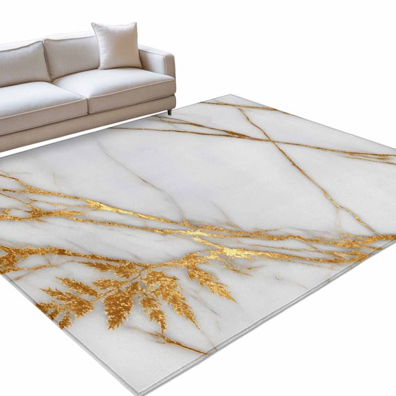 Marble Abstract Area Rug, Gold Line Leaf Modern Style Simple Non-Slip Felt Rubber Backing Rectangle Indoor Carpet Washable Rugs for Living Room Bedroom 5x7ft