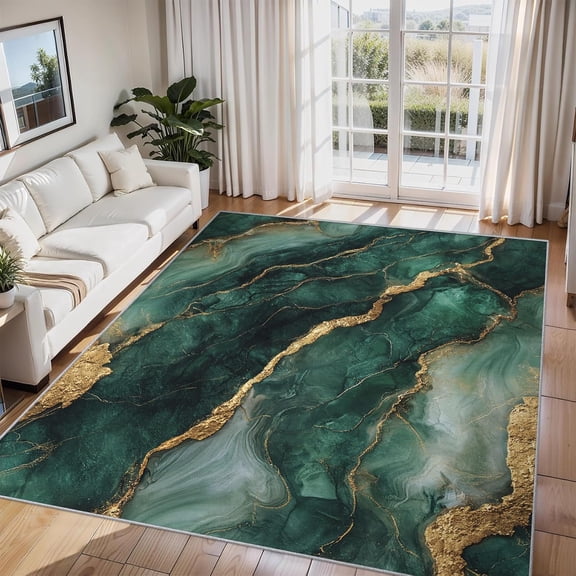 Marble Abstract Area Rug Green Gold Texture Carpet Washable Non Slip Soft Living Room Bedroom Entrance Mat 2x3ft
