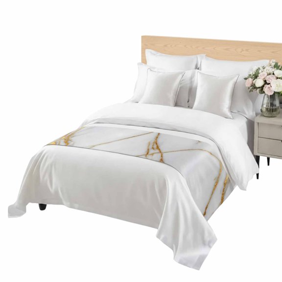 Marble Abstract Bed Runner Queen Size Gold Line Leaf Modern Style Simple Soft Bed Scarf for Foot of Bed, Decorative Bedding Scarf Protection for Hotel Home Bedroom 83 x 20 Inch
