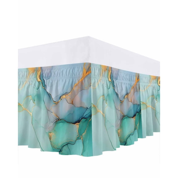 Marble Abstract Bed Skirt Queen Size 18" Drop Modern Teal Green Gold Textured Stone Ruffled Wrap Around Bed Skirts Adjustable Elastic Bedskirt Dust Ruffle for Queen Size Bed