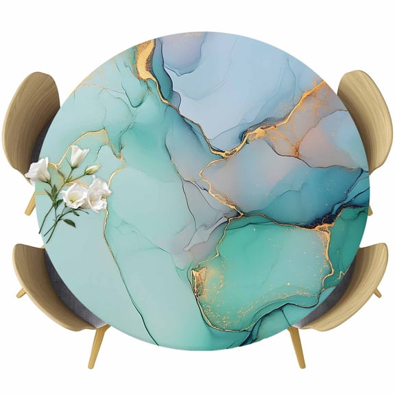 Marble Abstract Round Fitted Table Cover Modern Teal Green Gold Textured Stone Waterproof Table Cloth with Elastic Edge Wipeable Tablecloth for Picnic Camping Party Fits 36"-44" Diameter