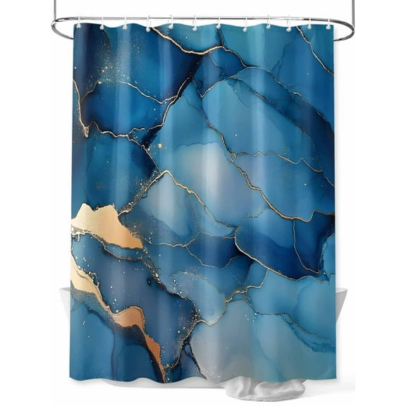Marble Abstract Shower Curtain, Cracks Texture Modern Art Dark Blue Golden Waterproof Shower Curtain Set with 12 Hooks Lightweight Washable Fabric Shower Curtains for Bathroom 48x72 Inches
