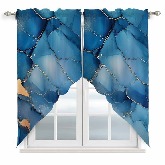 Marble Abstract Swag Curtain Valance for Window 2 Panels Cracks Texture Modern Art Dark Blue Golden Rod Pocket Small Window Swag Valances for Kitchen Bedroom Bathroom 36" W x 36" L