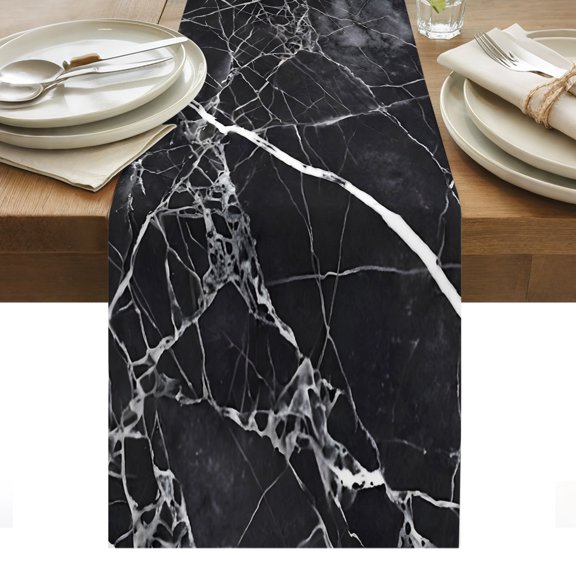 Marble Abstract Table Runner Black Grey Cracked Modern Ink Tablerunners 13 x 60 Inch, Table Decorations Tabletop Scarf for Summer Gathering Holiday Farmhouse Kitchen Dining Decor