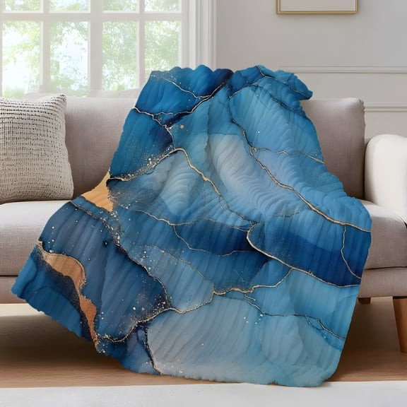 Marble Abstract Throw Blanket for Couch Cracks Texture Modern Art Dark Blue Golden Soft and Warm Flannel 3D Striped Fluffy Fuzzy Fleece Blanket Lightweight Throw for Bed, Sofa 50 x 80 Inches