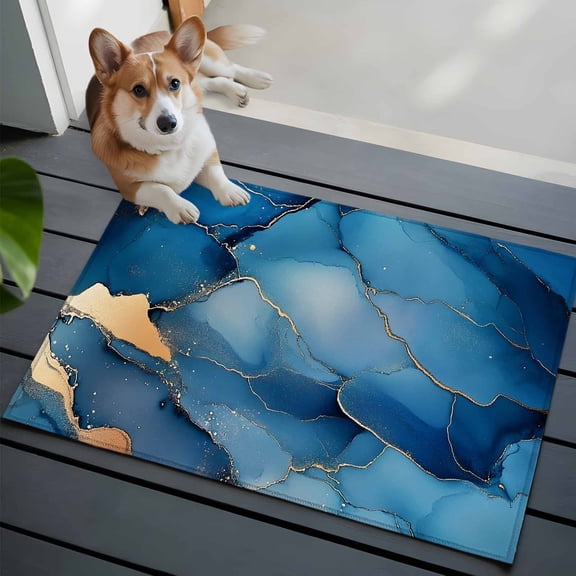 Marble Abstract Washable Area Rug 2x3 111 Cracks Texture Modern Art Dark Blue Golden Low-Profile Area Rugs with Non Slip Backing Indoor Floor Carpet for Entrance Living Room Bedroom Home Office