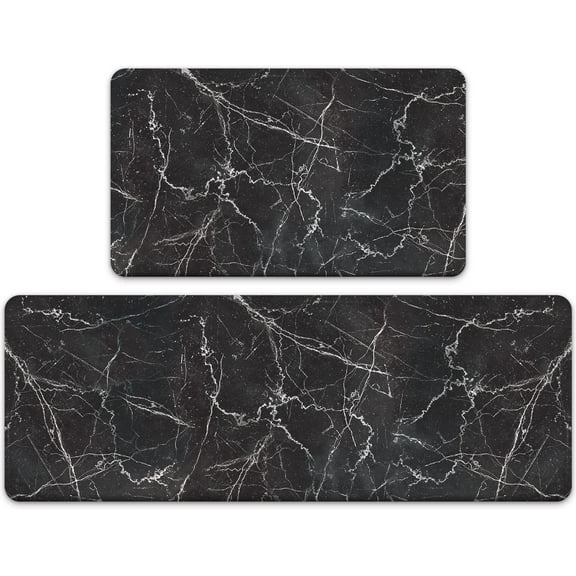 Marble Anti Fatigue Kitchen Mat Set of 2 Pieces Black Kitchen Rugs and Mats,Waterproof Non Slip Memory Foam Cushioned Comfort Kitchen Floor Mat Padded Kitchen Mats for Standing, 17"x 30"+17"x 47"