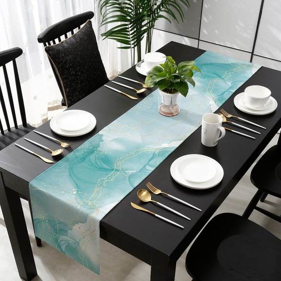 Marble Aqua, Cotton Linen Small Table Runner 13 x 60 inch Gradient Gold Aesthetics Abstract Minimalist Art Non-slip Rectangular Dining Table Decor for Wedding Party Holiday Dinner
