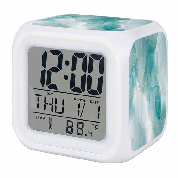 Marble Aqua Digital Alarm Clock for Bedrooms,Smart LED Alarm Clock with 7 Color Night Light,Gradient Gold Aesthetics Abstract Minimalist Art Silent Wake Up Clocks for Sleep Study Cooking 3.2"x3.2"