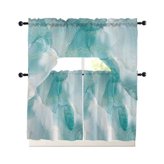Marble Aqua, Kitchen Curtains Set for Windows 3 Piece Cafe Curtains 36 Inch Length Swag Curtains Valances and Tier Set Gradient Gold Aesthetics Abstract Minimalist Art Drapes for Bedroom Bathroom