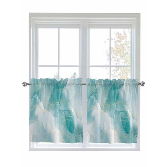 Marble Aqua Kitchen Curtains Tier 24 Inch Length, Gradient Gold Abstract Minimalist Art Rod Pocket Light Filtering Window Curtains Living Room Bedroom Curtain Drapes Cafe Curtain 27.5''x24''x2