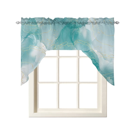 Marble Aqua, Swag Curtains for Kitchen Gradient Gold Aesthetics Abstract Minimalist Art Valances for Windows Rod Pocket Small Window Treatment Short Topper for Cafe Bedroom Bathroom Decor 56x36 Inch