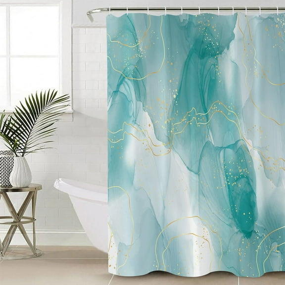 Marble Aqua,Waterproof Fabric Shower Curtain,Gradient Gold Aesthetics Abstract Minimalist Art Shower Curtain for Bathroom Curtains Bathtubs Hotel Washable Shower Curtains with 12 Hooks Small 36x72in