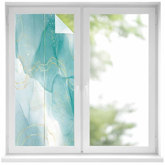 Marble Aqua Window Privacy Film, Gradient Gold Aesthetics Abstract Minimalist Art Static Cling UV Sun Blocking Heat Control Window Tint, Non-Adhesive One Way Windows Privacy Cover 19.6''x39.3''
