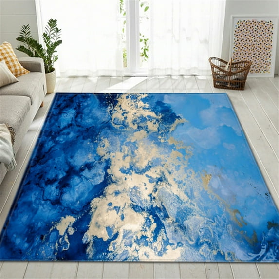 Marble Area Rug For Bedroom Living Room Blue And Gold Modern Marble Floor Mat Luxury Marble Printed Large Carpet 2' x 3'