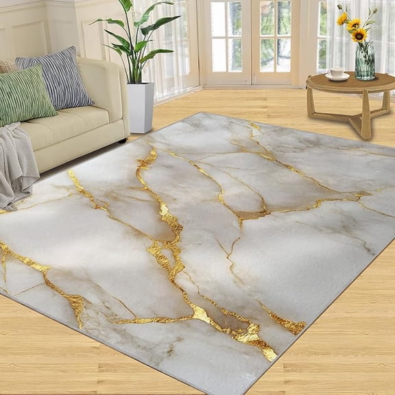 Marble Area Rug, Gold Line Marble Rug, Luxury Texture Rugs for Runner, Indoor Non-Slip Rugs, Machine Washable Carpet for Front Entrance Floor Decor 3 x 4ft