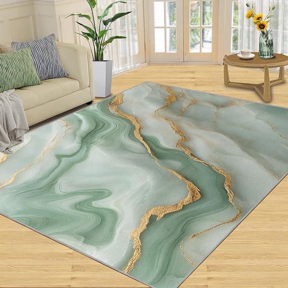 Marble Area Rug, Mint Green Gold Marble Rug, Gold Cracks Rugs for Living Room, Indoor Non-Slip Rugs, Machine Washable Carpet for Front Entrance Floor Decor 2 x 3ft