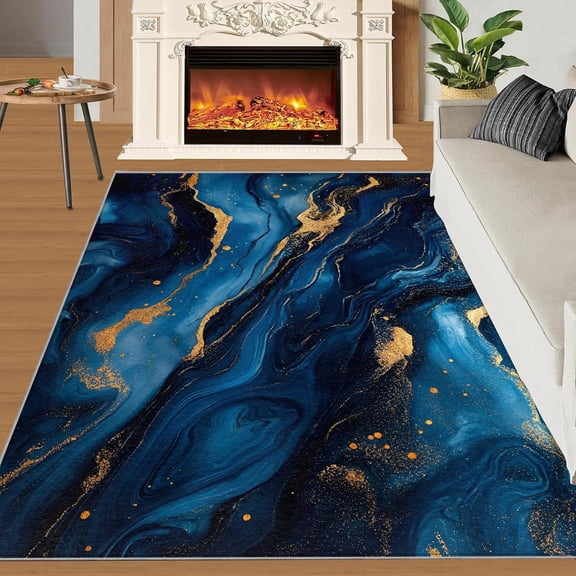 Marble Area Rug, Navy Blue Marble Rugs for Living Room Bedroom, Royal Blue Rugs, Washable Kitchen Classroom Rug-2' x 3'