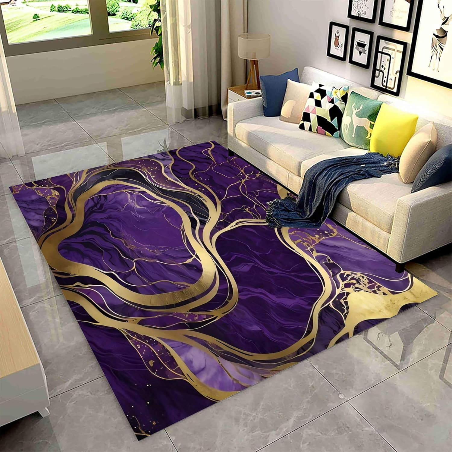 Marble Area Rug, Purple And Gold Stylish Modern Living Room Rug，Soft ...