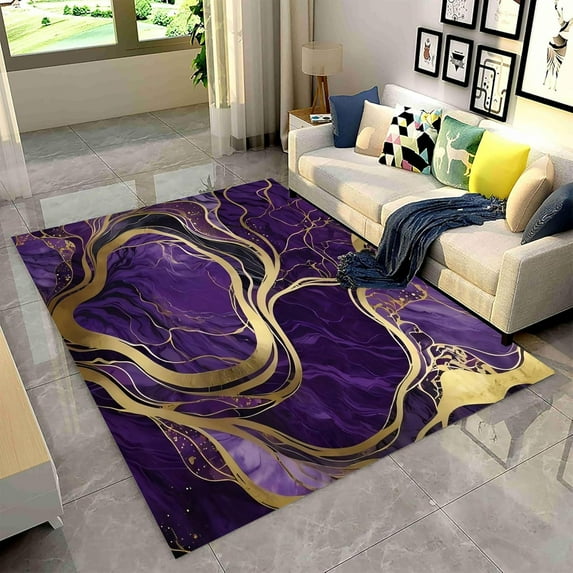 Marble Area Rug, Purple And Gold Stylish Modern Living Room Rug,Soft Breathable Rugs For Home Decorative, Non Slip Washable Rug For Indoor Bedroom Apartment Large Rug Mat 5x7ft
