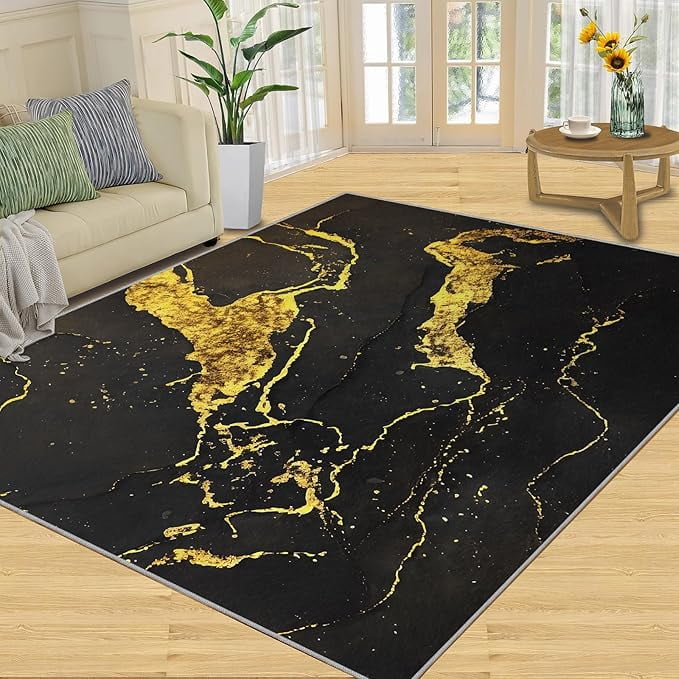 Marble Area Rug Rectangular Rugs, Abstract Gold Foil Marble Texture ...