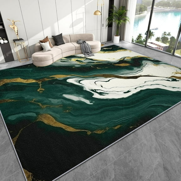 Marble Area Rug Washable Rugs, Abstract Modern Emerald Green Gold Bedroom Carpet, Reduce Noise Fade Resistant Rug, Dirty Resistant Non-Skid Carpets for Home Decor 5x8ft
