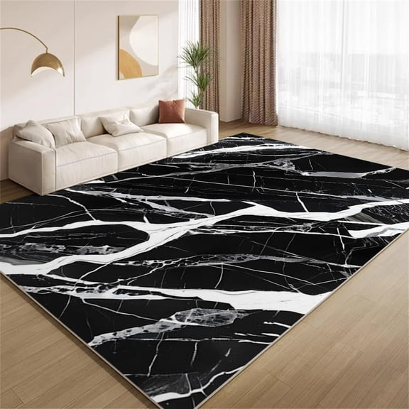Marble Area Rugs, Black White Funky Texture Design Carpet, Washable Non Slip Low Pile Soft Rug for Living Room Bedroom Study Decor Mat 2ftx3ft