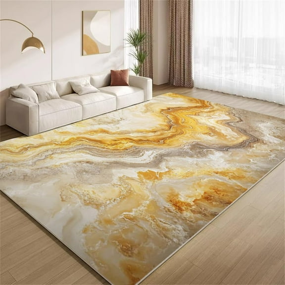 Marble Area Rugs, Golden Brown Gold Foil Stripe Design Carpet, Washable Non Slip Low Pile Soft Rug for Living Room Bedroom Office Decor Mat 3ftx5ft