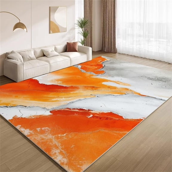 Marble Area Rugs, Orange White Funky Texture Design Carpet, Washable Non Slip Low Pile Soft Rug for Living Room Bedroom Apartment Decor Mat 3ftx5ft