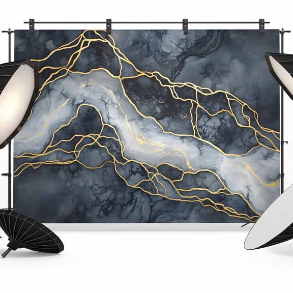 Marble Backdrop for Photography, Fabric Photo Background Backdrop, Navy Blue Modern Luxury Gold Texture Photo Booth Background for Portrait Photoshoot Video Wedding Studio Decoration Banner 10x8ft