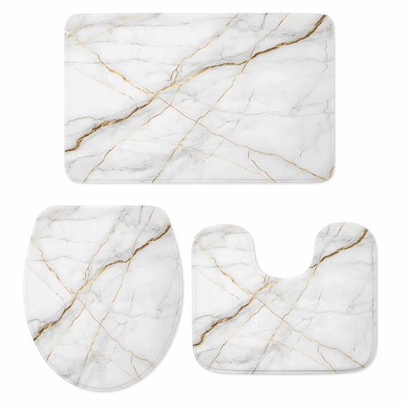 Marble Bath Mat 3 Piece Bathroom Rug Set, Grey Golden Crack Minimalistic Abstract Non Slip Bath Rug Contour Mat and Toilet Lid Cover, Absorbent Shower Mats Soft Bath Rugs and Mats Sets