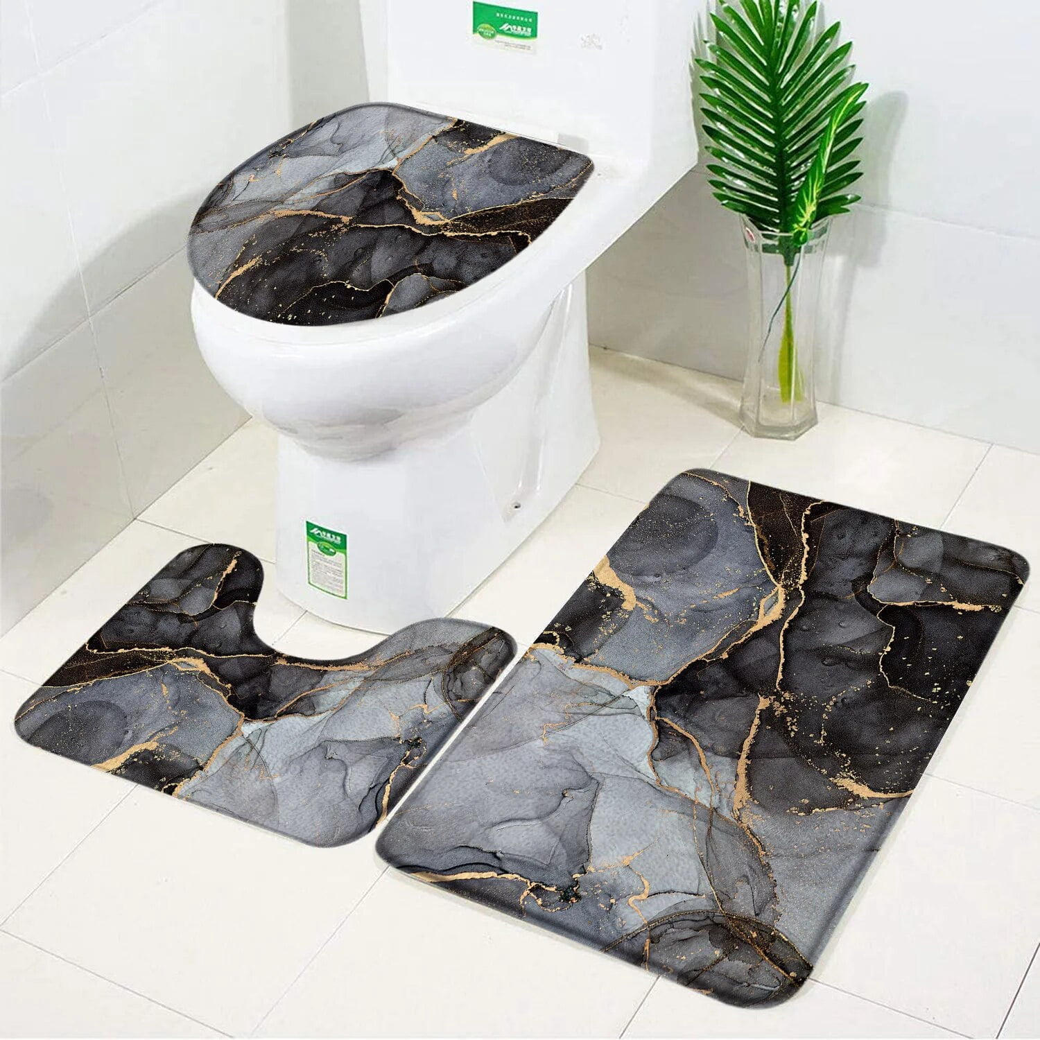 Marble Bath Mat Set Black Green Marble Pattern Modern Bathroom Decor ...