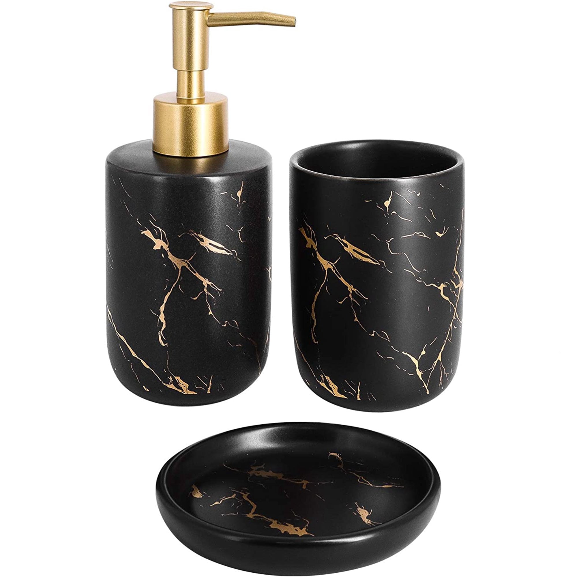 3-Pcs Black Marble Bathroom Set - Ceramic Dispenser, Tumbler, Soap Dish - Walmart.com