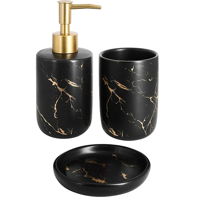 3Pcs Black Marble Bathroom Set Ceramic Dispenser, Tumbler, Soap Dish