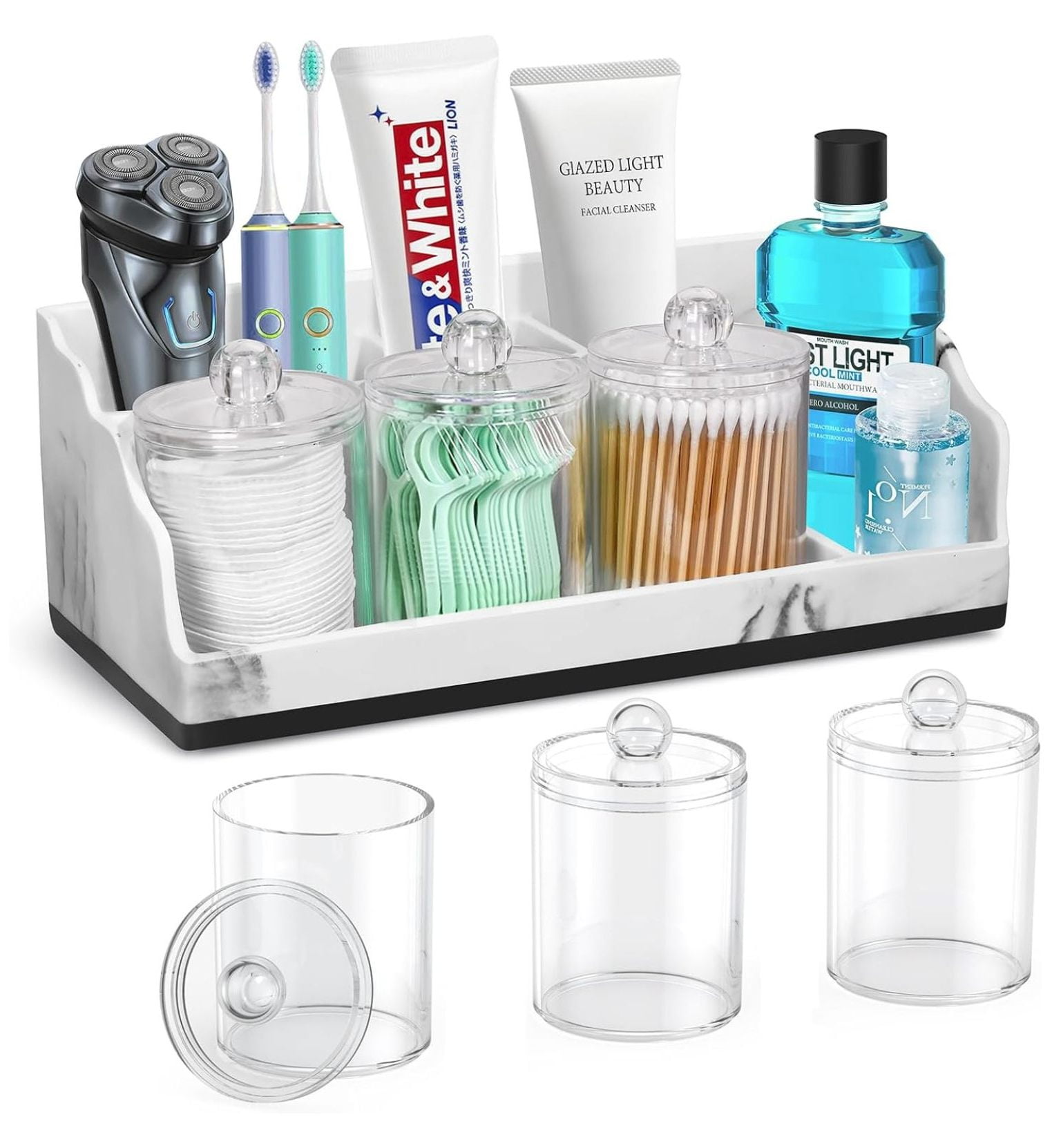 Marble Bathroom Organizer Set with 3-Piece Qtip Holder and Drainage ...