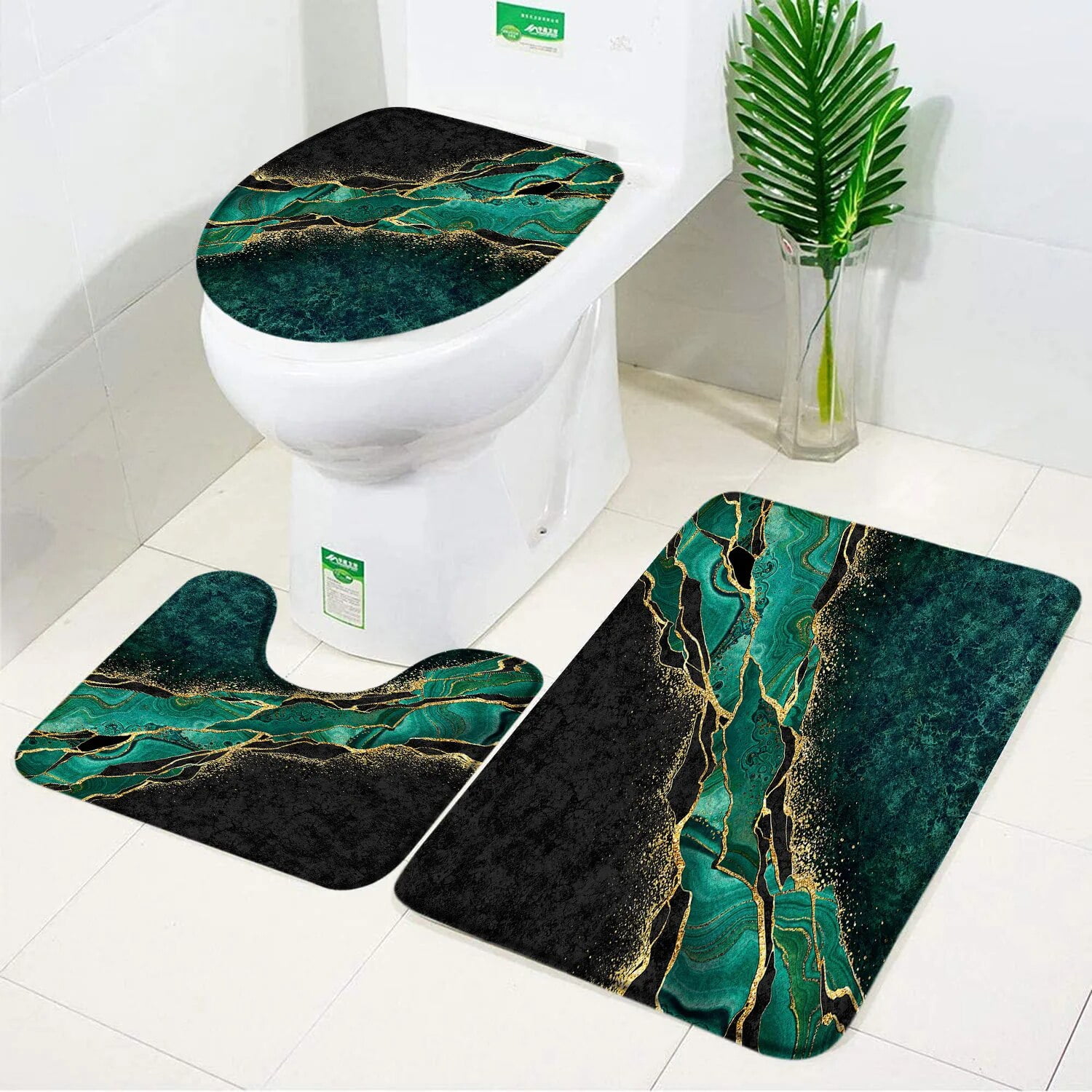 Marble Bathroom Rug Set Teal Purple Grey 3D Printed Gold Texture