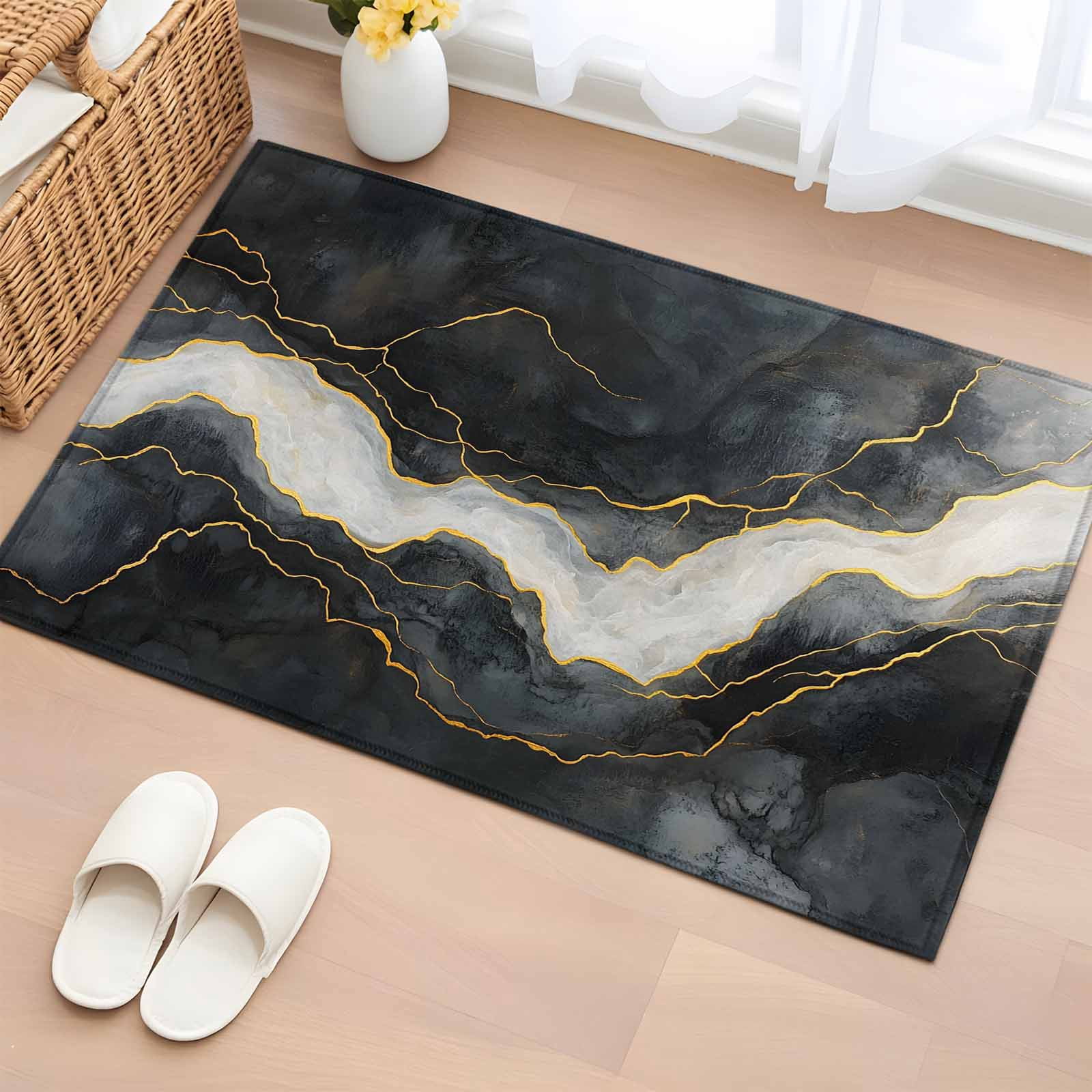 Marble Bathroom Rug Washable 2x3 Entryway Rug Non Slip Black Grey ...