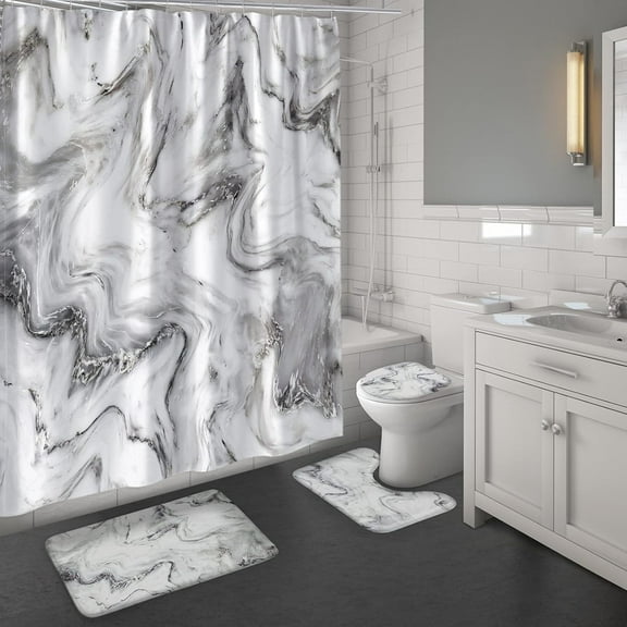 Marble Bathroom Sets with Shower Curtain and Rugs and Accessories, Abstract Grey Gold White, Modern, Gray Bathroom Decor Set