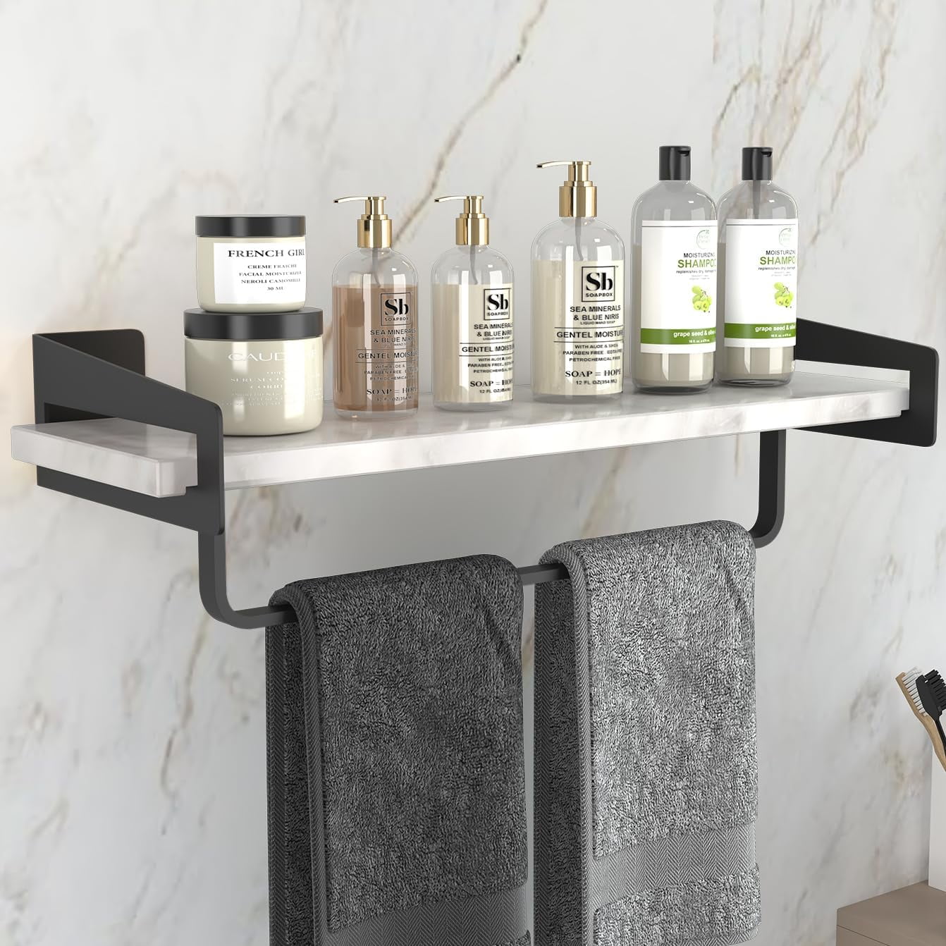 Marble Bathroom Shelf with Towel Bar, 16" Metal Modern Floating Shelf ...